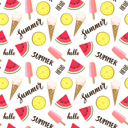 Seamless pattern with ice cream and summer fruits. Summer text. Calligraphic lettering .のイラスト素材