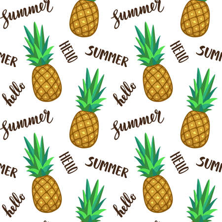 Seamless pattern with pineapple. Summer text. Calligraphic lettering