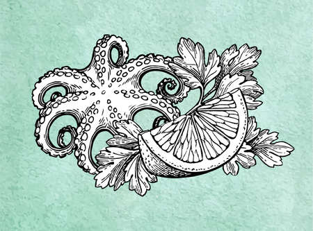 Octopus with lemon and parsley. Seafood ink sketch on old paper background. Hand drawn vector illustration. Retro style.のイラスト素材