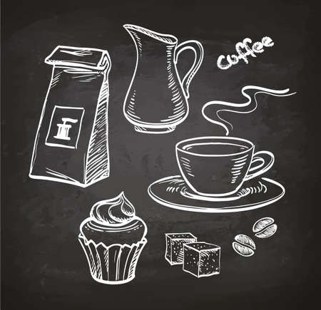 Coffee set. Chalk sketch on blackboard. Hand drawn vector illustration. Retro style.のイラスト素材