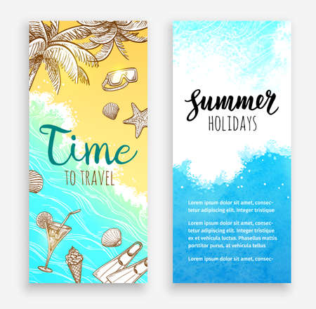 Summer vacation. Set of banner templates. Hand drawn vector illustrations. Retro style.のイラスト素材