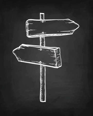 Wooden signpost. Sketch with chalk on blackboard background. Hand drawn vector illustration. Retro style.のイラスト素材