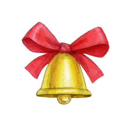 Christmas bell with red bow isolated on white. Hand drew watercolor illustration. New Year and Xmas Holidays design.の写真素材