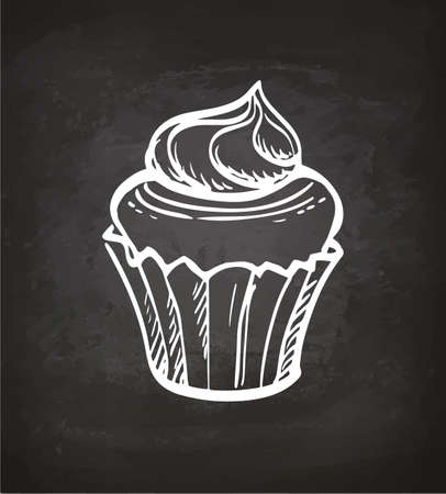 Cupcake with cream. Chalk sketch on blackboard. Hand drawn vector illustration. Retro style.のイラスト素材