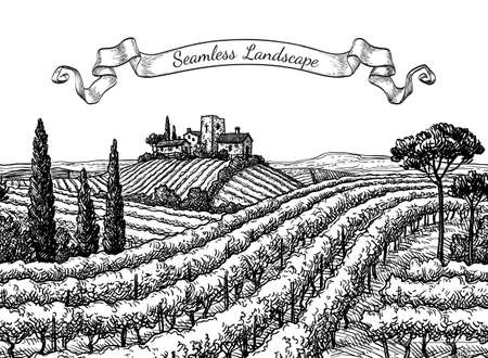Vineyard seamless landscape. Ink sketch isolated on white background. Hand drawn vector illustration.のイラスト素材