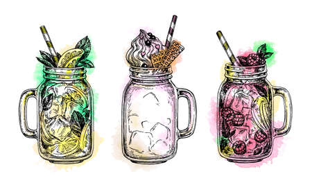 Set of drinks in in mason jars/ isolated on plain  background.のイラスト素材