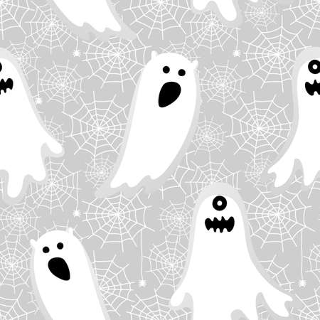 Autumn seamless pattern with with ghosts and spider web. Halloween design.のイラスト素材