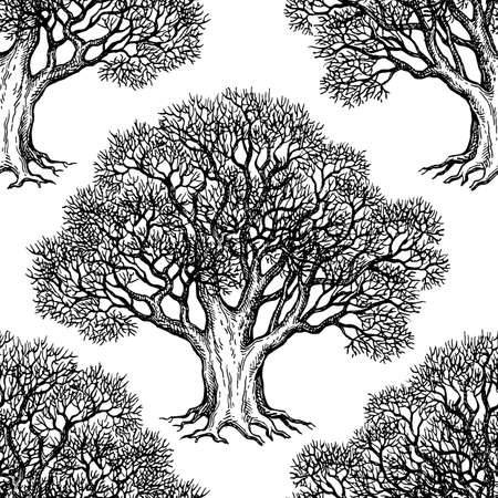 Seamless pattern. Ink sketch of oak without leaves. Winter tree. Hand drawn vector illustration. Retro style.のイラスト素材