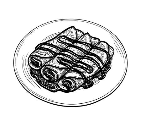 Ink sketch of crepes with chocolate cream fillingのイラスト素材