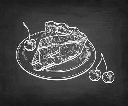Cherry pie. Chalk sketch on blackboard background. Hand drawn vector illustration. Retro style.のイラスト素材
