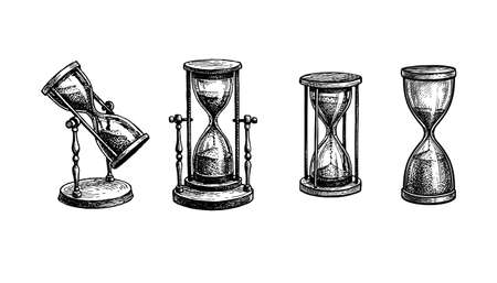 Vintage hourglasses set. Collection of antique timers. Ink sketch isolated on white background. Hand drawn vector illustration. Retro style.のイラスト素材