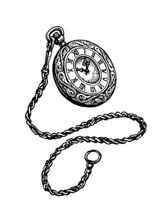 Pocket watch. Ink sketch isolated on white background. Hand drawn vector illustration. Retro style.のイラスト素材