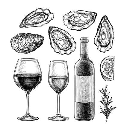 Ink sketch set of wine and oysters.のイラスト素材