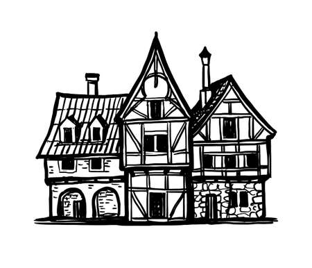 Ink sketch of medieval European houses.のイラスト素材