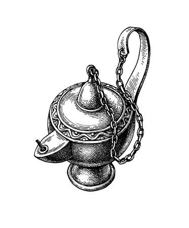 Oriental oil lamp. Ink sketch isolated on white background. Hand drawn vector illustration. Vintage style stroke drawing.のイラスト素材