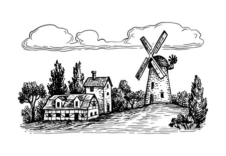 Landscape with old tower mill.のイラスト素材