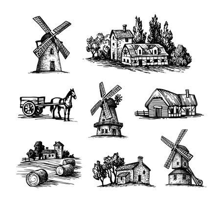 Village scenery ink sketches.のイラスト素材