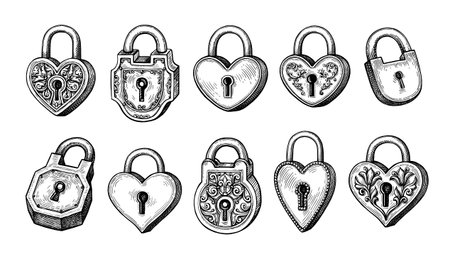 Ink sketches of vintage padlocks. Big collection