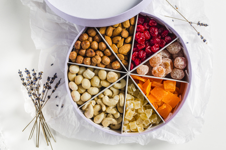 box with nuts and dried fruitsの写真素材
