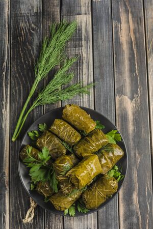 Delicious stuffed grape leaves (traditional doom Mediterranean cuisine Dolma) on a black plate with fresh cilantro and dill on dark wooden background top view with copyspaceの写真素材