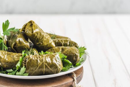 Delicious stuffed grape leaves (traditional doom Mediterranean cuisine Dolma) on a black plate with fresh cilantro and dill on a light wooden background side view closeup with copyspaceの写真素材