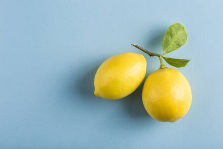 Two ripe lemons with a branch and leaves on a blue background. Top view. Fruits with vitamin C are beneficial for health. Copyspace. Horizontal orientation.の写真素材
