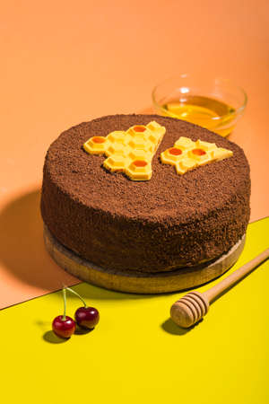 Honey cake with cherries on a bright multicolored background. Side view with a copy space for the text. Dessert for birthday and holiday. Vertical orientation.の写真素材