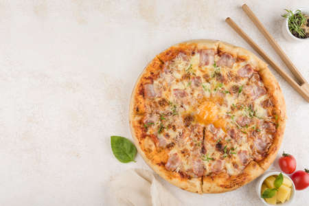 Carbonara pizza with bacon, Parmesan cheese, Mozzarella cheese and egg on a light background. Top view with a copy space for the text. Classic Italian food.の写真素材