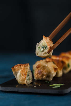 Fried dumplings with pork and greens on a black graphite board with chopsticks on a dark background. Focus on the cut. Korean food. Close-up, with a copy space for the text. vertical orientation.の写真素材