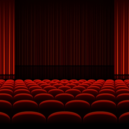 Theater interior with red curtains and seats