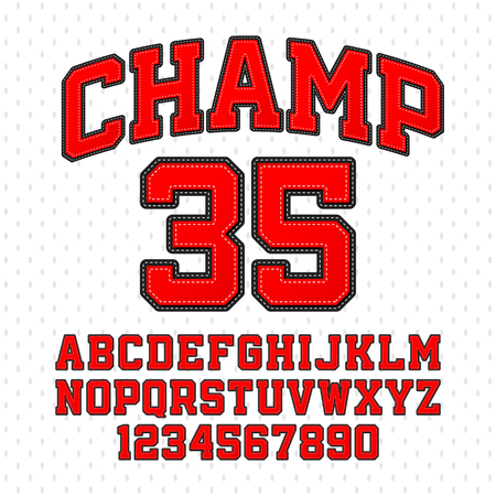 Tackle Twill style Champ typeface. Embroidered sports font. Letters and numbers.のイラスト素材