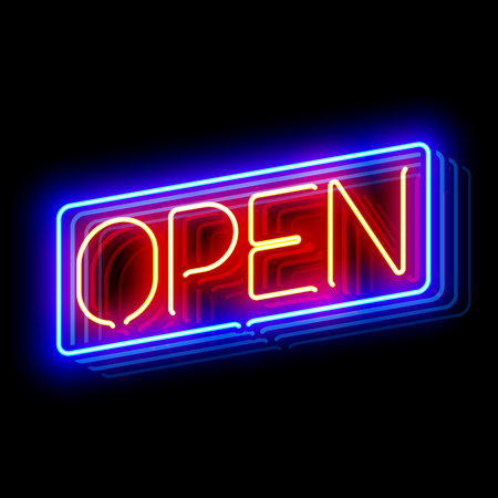 Open neon sign with reflectionのイラスト素材