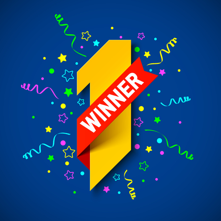 First winner, first place. Number one illustration with red ribbon and confettiのイラスト素材