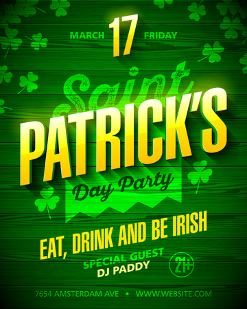 Saint Patrick's Day party poster design. Eat, drink and be Irish, 17 March nightclub party invitation with lettering on green wooden backgroundのイラスト素材