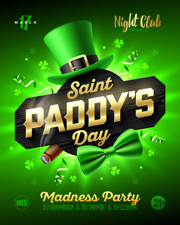 Saint Paddy's Day party poster design, 17 March, Patrick's Day  nightclub invitation with leprechaun hat, gold lettering, party streamers, green bow tie and smouldering cigar on bright shining green backgroundのイラスト素材