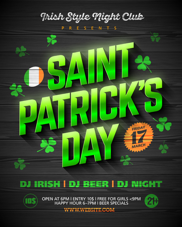 Saint Patrick's Day party poster design, 17 March nightclub invitation with green shining lettering on wooden backgroundのイラスト素材