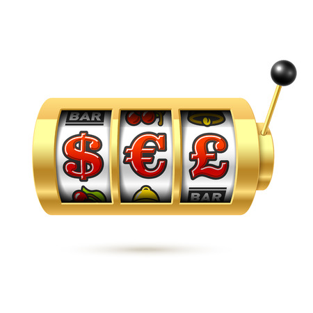 Dollar, Euro and Pound currency symbols on slot machine. Gambling games, casino banner design elementのイラスト素材