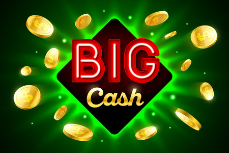 Big Cash bright casino banner with big cash inscription sign on bright green background and explosion of cold coins flying aroundのイラスト素材