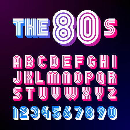 Eighties style retro font. 80's font design with shadow, disco style, alphabet and numbersのイラスト素材