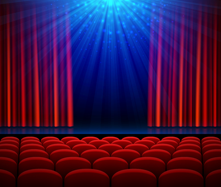 Empty theater stage with red opening curtain, spotlight and seats. Poster background for concert, party, theater or dance showのイラスト素材