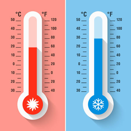 Celsius and Fahrenheit thermometers measuring heat and cold temperature, meteorology equipmentのイラスト素材
