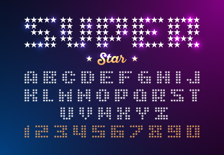 Retro disco style font made of stars. Super Star typeface. Alphabet and numbersのイラスト素材