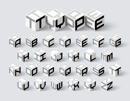 Cube shape 3d isometric font, three-dimentional alphabet lettersのイラスト素材