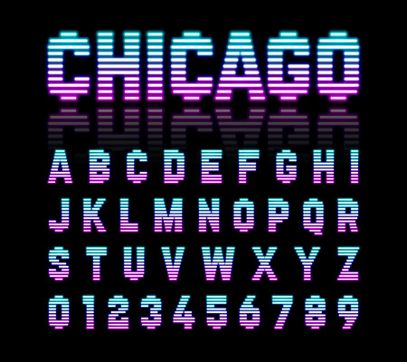 Chicago, retro style neon tube glow typeface. Latin neon alphabet letters  and numbersのイラスト素材