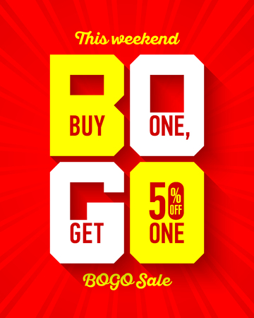 This weekend BOGO Sale banner design template. Buy One, Get One 50% off sale, special offerのイラスト素材