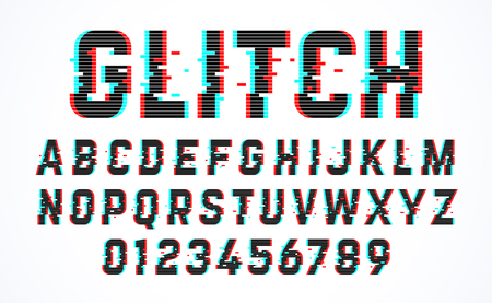 Trendy style distorted glitch typeface. Letters and numbersのイラスト素材