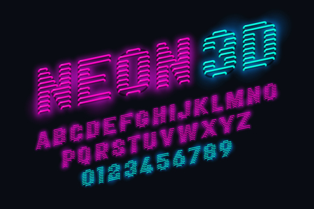 Neon glow 3d font on black background, vector illustration.のイラスト素材