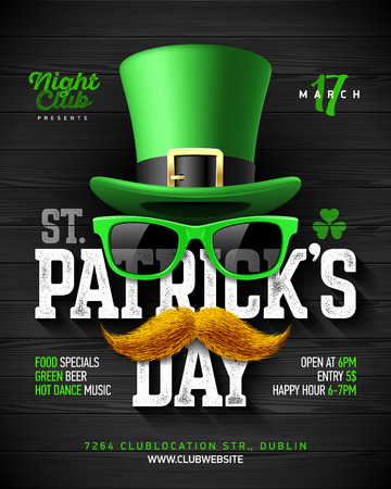 Saint Patrick's Day, Feast of Saint Patrick party poster design, 17 March celebration invitation with vintage lettering, leprechaun hat, green sunglasses and orange mustacheのイラスト素材