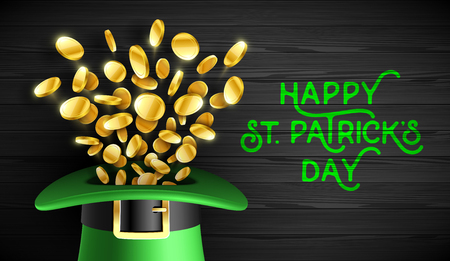 Happy Saint Patrick's Day greeting card design, Feast of Saint Patrick celebration, 17 March greeting card with leprechaun hat and gold coins on wooden background.のイラスト素材