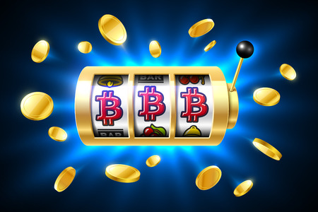 Bitcoin jackpot, cryptocurrency symbols on slot machine. Gambling games, casino banner with bright blue background and flying coins aroundのイラスト素材